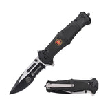 "USMC M-3010BK officially licensed spring assisted tactical pocket knife open with black textured handle and gold Marine Corps medallion."