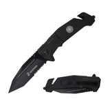 USMC M-A3003BK officially licensed spring assisted tactical rescue knife open with black serrated blade and inlaid silver Marine Corps medallion."