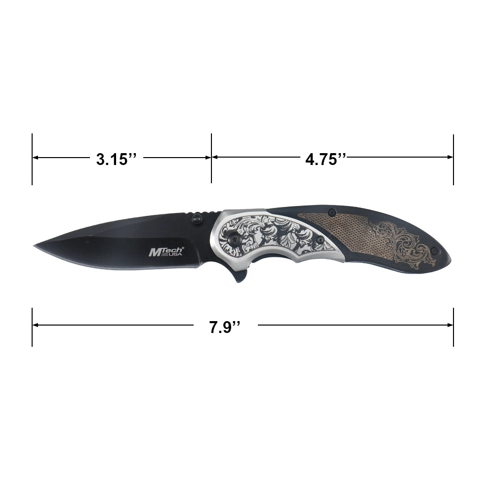 MTech USA MTech MT-A2006BB Spring Assisted Knife - Etched Wood Handle