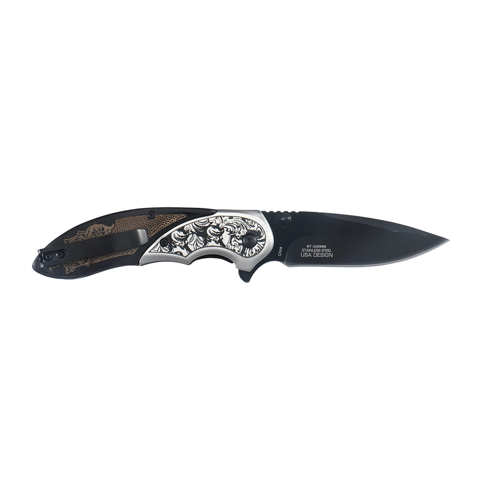 MTech USA MTech MT-A2006BB Spring Assisted Knife - Etched Wood Handle