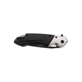 Folded MTech black wood pocket knife showing stainless steel bolster and black pocket clip