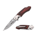 MTech USA MT-A2019BN Spring Assisted Knife - Damascus Etched Blade & Brown Wood Handle - Frontier Blades