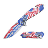 MTech USA 250th Anniversary spring assisted rescue knife with Statue of Liberty handle and 250th America etched blade."