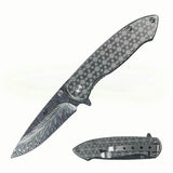 The knife fully open on a white background to show off the blade etching clearly.
A close-up macro shot of the handle engraving to show the quality of the geometric design.
A shot of the reverse side (as shown in your second image) to display the pocket clip and the slim profile.