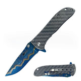 The knife fully open (like your first image) to showcase the blue/gold blade contrast.
A shot of the back of the knife (like your second image) to show the pocket clip and the slim profile for carrying.
