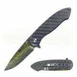 The fully opened knife displaying the vibrant yellow and green blade profile horizontally to instantly grab a shopper's attention.
 A secondary image showcasing the reverse side of the folded knife to let buyers inspect the placement of the belt clip and see how the colors accent the handle when closed.