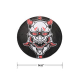 Red and white oni mask target board with measurements on a white background