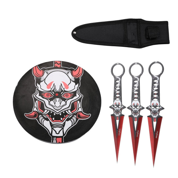Set of three Perfect Point Kunai Japanese Oni Mask Throwing knives with a oni mask designed target board featuring a red and white design and a nylon sheath on a white background.