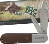 Rite Edge Barlow pocket knife with wood handle and two open stainless steel blades next to branded box