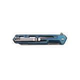 Folded blue tactical knife showing pocket clip detail and sleek linear aluminum frame.
