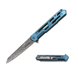 Tac-Force Speedster spring assisted folding knife open showing blue skeletonized handle and Damascus etched tanto blade.