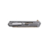 Folded gunmetal grey tactical pocket knife showing deep carry silver pocket clip and sleek linear aluminum frame profile.