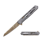 Tac-Force Speedster spring assisted folding knife open showing grey skeletonized aluminum handle and gold Damascus etched tanto blade