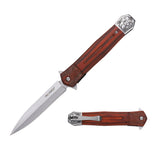 Tac-Force TF-2016LG open knife showing wood handle and etched floral bolster; closed view showing pocket clip.