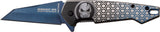 Tac-Force TF-951BL Midnight Ops spring assisted knife open with blue titanium nitride coated tanto blade etched with Midnight Ops Stealth Tactics Guts and a silver skull honeycomb pattern handle.