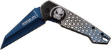 Angled view of Tac-Force TF-951BL Midnight Ops spring-assisted knife partially open, showcasing the blue TiNi coated tanto blade with Midnight Ops etching and the silver skull honeycomb handle.