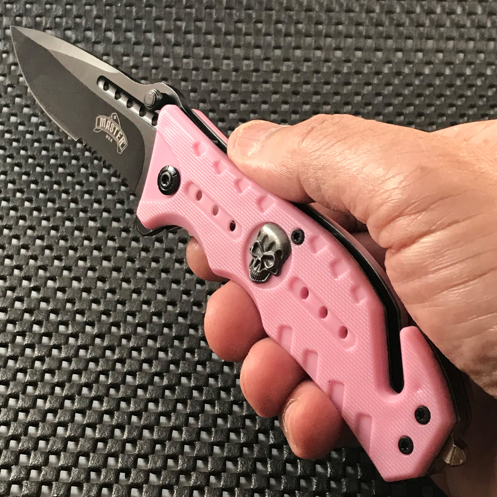 Ladies Stonewashed Pink Skull Flames Folding Pocket Knife Tactical