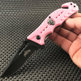 8" Master USA Ballistic Pink Fantasy Skull Pocket Knife (MU-A010PK) - Frontier Blades