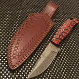 8" Full Tang Red & Black Grooved Damascus Skinning Knife & Sheath Side By Side View (DM-1219)