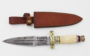 14" Bone Handle Real Damascus Steel Hunting Dagger Knife (DM-5018)