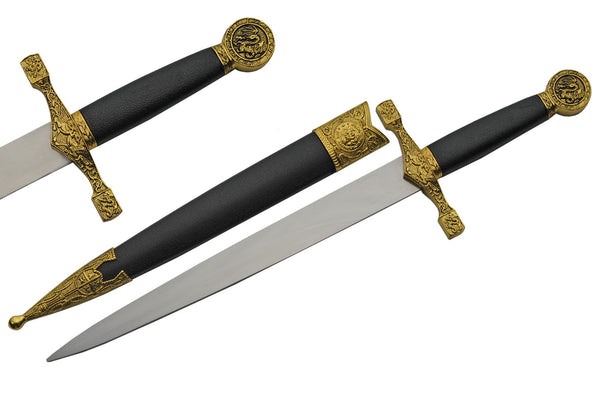 15.5" Medieval Fixed Blade Gold Dragon Excalibur Dagger W/ Scabbard