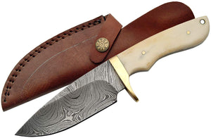 9" Damascus Steel Hunting Horn Bone Handle Skinning Knife (1089BO)