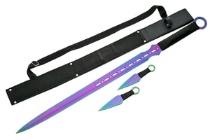 28" Rainbow Ninja Sword & Two Throwing Knives Combo With Sheath (926844-RB)