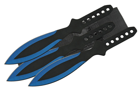3 Piece Two Toned Blue & Black Kunai Throwing Knife Set With Black Nylon Sheath (211415-BL)