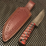 8" Full Tang Red & Black Grooved Damascus Skinning Knife & Top Grain Leather Sheath (DM-1219)