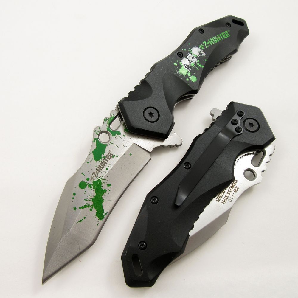 Z-Hunter Zombie Pocket Knife | Green Splatter Spring Assisted Knife