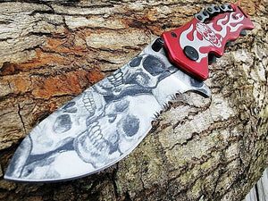 8" Tac Force Red Skulls Chain & Flames Quality Fantasy Pocket Knife - Frontier Blades