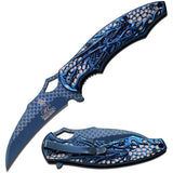 8.5" Blue Wave Dragon Fantasy Spring Assisted Tactical Folding Pocket Knife Open - Frontier Blades