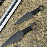 28" Full Tang Ninja Sword Black Machete Throwing Knife 3 PC Combo Set - Frontier Blades