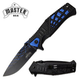 8.35" MASTER USA SPRING ASSISTED TACTICAL BLUE HANDLE FOLDING Pocket KNIFE OPEN - Frontier Blades