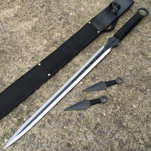 28" Full Tang Ninja Sword Black Machete Throwing Knife 3 PC Combo Set - Frontier Blades