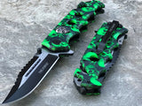 8.25" SPRING ASSISTED TACTICAL GREEN SKULL CAMO CAMPING RESCUE POCKET KNIFE OPEN - Frontier Blades