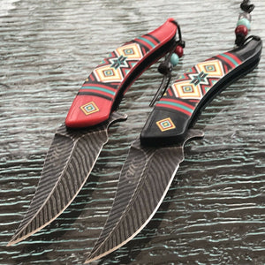 8.5" NATIVE AMERICAN BLACK AND RED SPRING ASSISTED DAMASCUS KNIVES - Frontier Blades