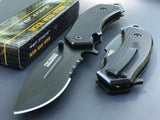 8.0” TAC FORCE SPRING ASSISTED LARGE DROP POINT TACTICAL BLACK POCKET KNIFE OPEN - Frontier Blades