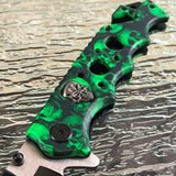 8.25" SPRING ASSISTED TACTICAL GREEN SKULL CAMO CAMPING RESCUE POCKET KNIFE OPEN - Frontier Blades
