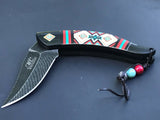 8.5" NATIVE AMERICAN BLUE AND RED SPRING ASSISTED DAMASCUS KNIVES - Frontier Blades