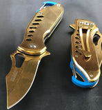 6.5" Tac Force Speedster Model Gold Knife w/ Blue Carabiner Clip - Frontier Blades