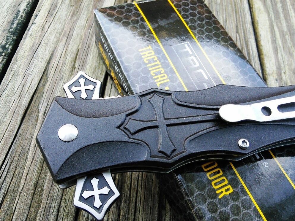9 Gothic Cross Spear Point Spring Assisted Open Folding Pocket Knife