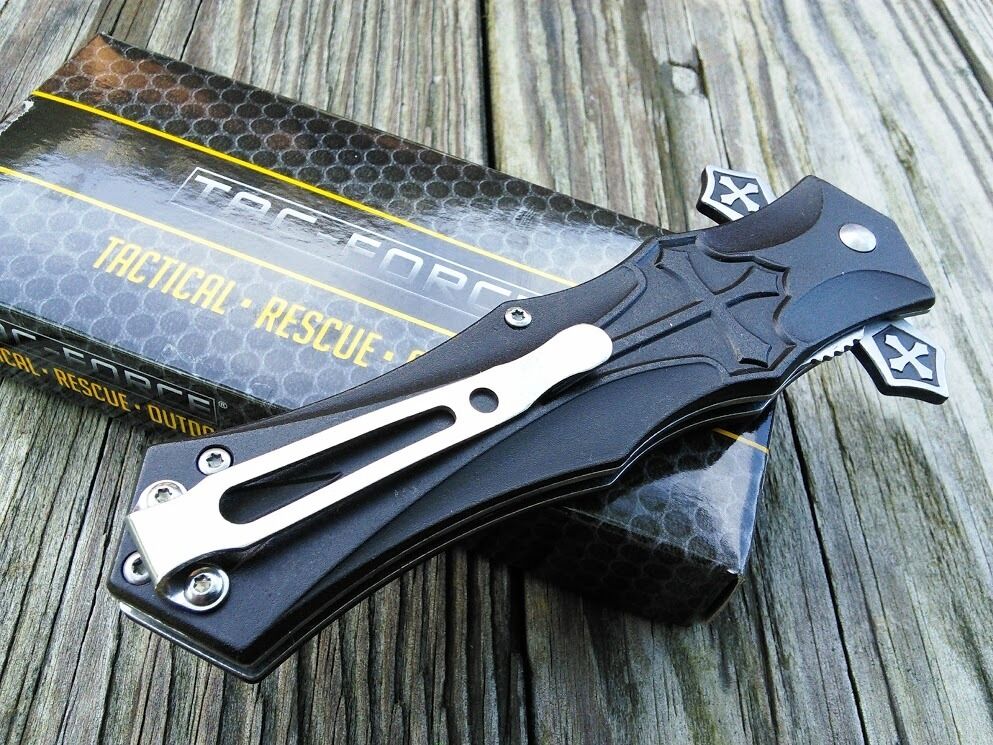 9 Gothic Cross Spear Point Spring Assisted Open Folding Pocket Knife