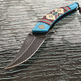 8.5" Damascus Knife Blue Native American Assisted Open Pocket Knife - Frontier Blades