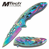 8" MTech USA Rainbow Flames Assisted Open Ballistic Pocket Knife - Frontier Blades
