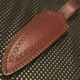 8" Full Tang Red & Black Grooved Damascus Skinning Knife's Top Grain Leather Sheath Front View (DM-1219)