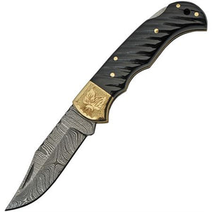 6.5" Damascus Hand Engraved Black Ribbed Handle Pocket Knife - Frontier Blades