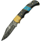 6.5" Damascus Steel Turquoise Horn Pocket Knife w/ Sheath - Frontier Blades