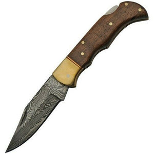 6.75" Damascus Steel Wood Handle Pocket Knife W/ Sheath (DM-1213) - Frontier Blades