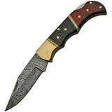 6.75" Damascus Steel Wood & Buffalo Horn Pocket Knife (DM-1214) - Frontier Blades